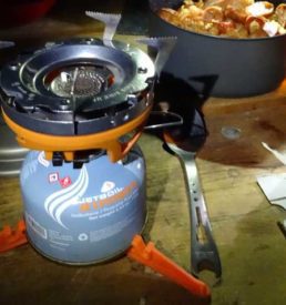 Jetboil 4 Season fuel blend being used to cook dinner during a recent backpacking trip