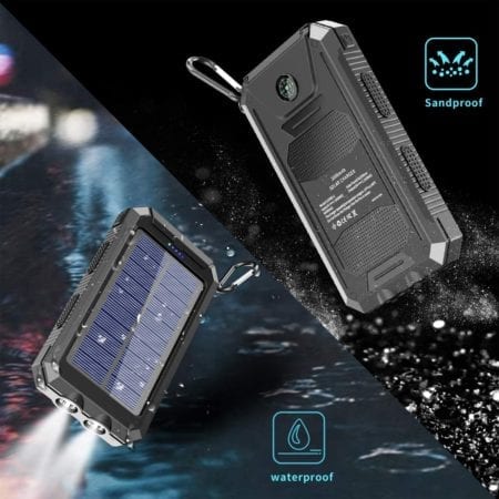 Waterproof solar power bank charger with flashlight and compass