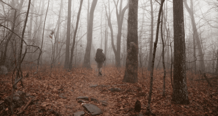 Man happily hiking in rainy, foggy weather