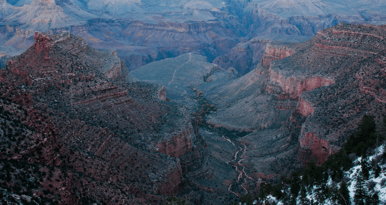 Aerial view of the Bright Angel Hiking Trail within Grand Canyon National Park