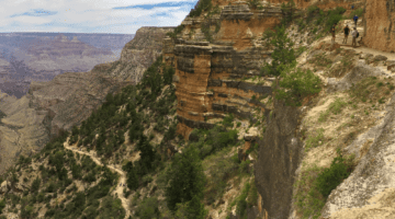 Hikers standing on the edge of Bright Angel Trail in Grand Canyon National Park